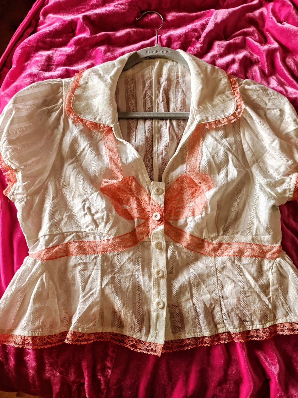 Women’s Vintage Looking Ivory Peplum Blouse with Coral Lace Trim